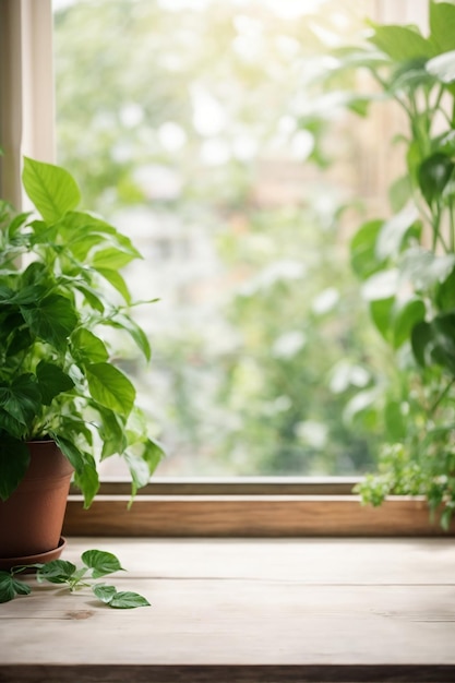 Mesa de madera con planta verde en una olla en el alféizar de la ventana fondo borroso foto de alta calidad