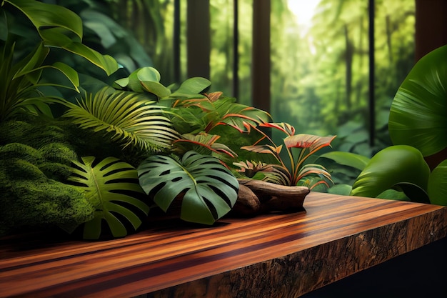 Una mesa de madera con plantas y una imagen de una jungla IA generativa