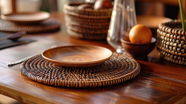 Una mesa de madera con un plato y un cuenco de fruta en ella La mesa está puesta para una comida