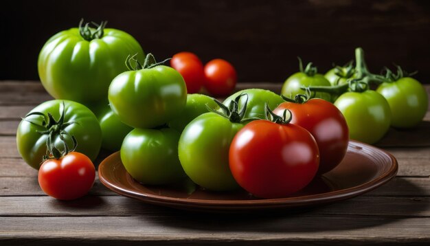 Foto una mesa de madera con un plato de tomates y tomates verdes