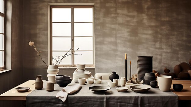 Mesa de madera con platos de cerámica antiguos, tazas y vasos sobre un mantel de algodón gris AI Generative