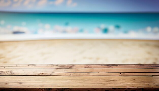 Foto una mesa de madera con una playa al fondo.