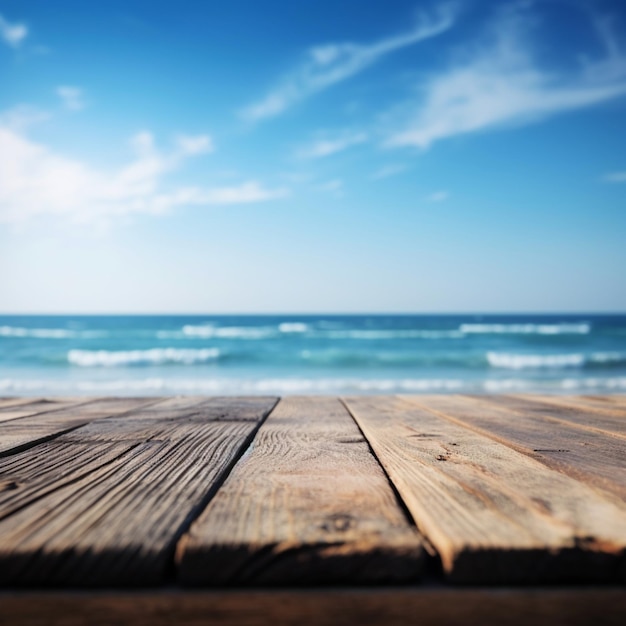 Una mesa de madera con una playa al fondo.