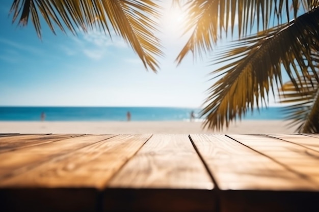 Una mesa de madera con una playa al fondo.