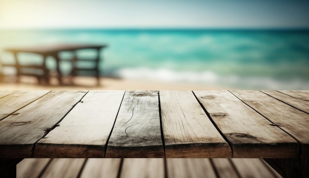 Foto una mesa de madera con una playa al fondo.