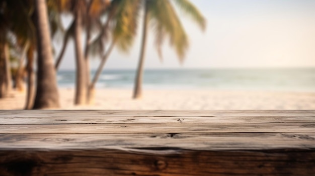 Una mesa de madera con una playa al fondo.