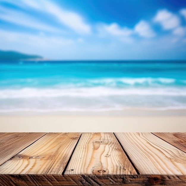 Una mesa de madera en una playa con un cielo azul de fondo