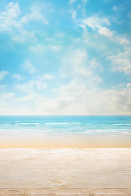 Mesa de madera en la playa y cielo azul con nubes blancas de fondo