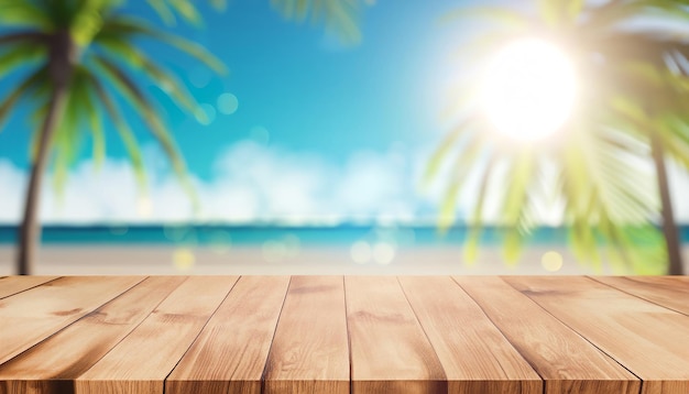 Mesa de madera en una playa con un cielo azul y el sol detrás.