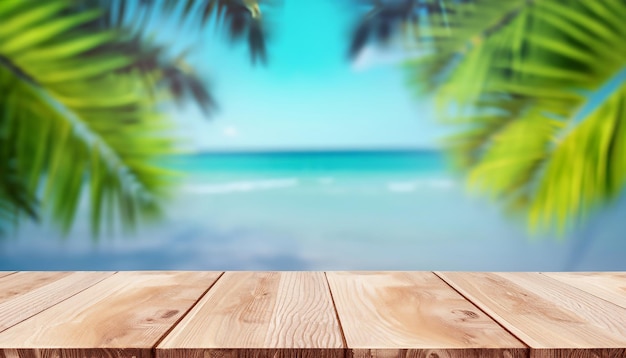 Mesa de madera con playa y mar de fondo