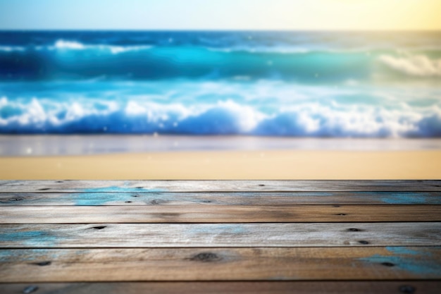 Mesa de madera en la playa con el mar de fondo