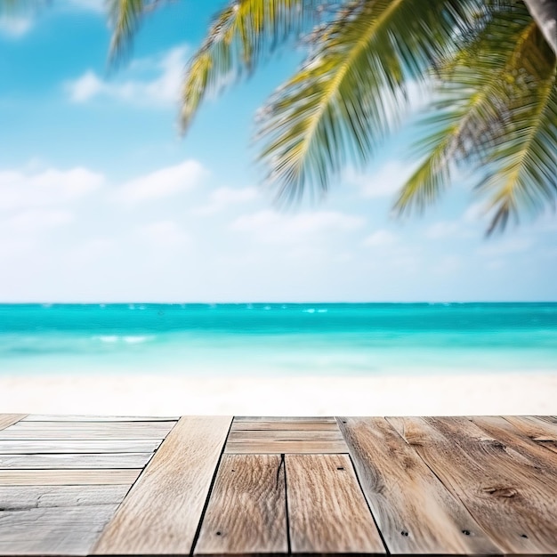 Mesa de madera en una playa con una palmera al fondo