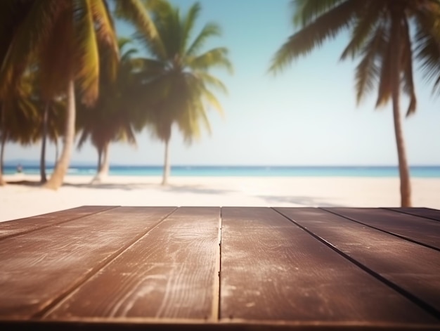 Una mesa de madera en una playa con palmeras al fondo