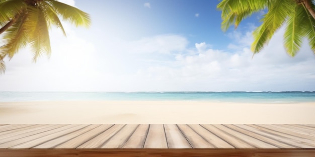 Mesa de madera en una playa con palmeras al fondo