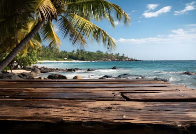 Foto mesa de madera en la playa tropical con palmera de coco