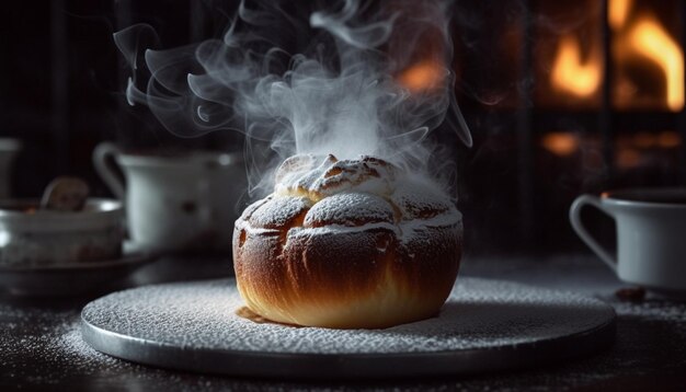Foto mesa de madera postre casero comida gourmet pan horneado merienda dulce generada por inteligencia artificial