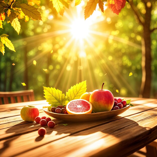 Una mesa de madera puesta contra un telón de fondo de árboles con hojas de otoño bañadas en la luz del sol En la mesa hay un cuenco lleno de frutas frescas como manzanas y naranjas junto con algunas uvas