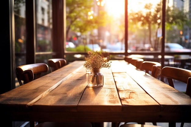 Una mesa de madera que abraza la vibrante vista de la calle