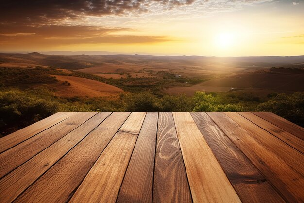 una mesa de madera que mira hacia un valle