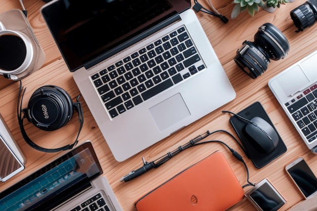 Una mesa de madera que muestra una variedad de computadoras portátiles y otros dispositivos electrónicos Varias herramientas y dispositivos de comunicación utilizados en el teletrabajo