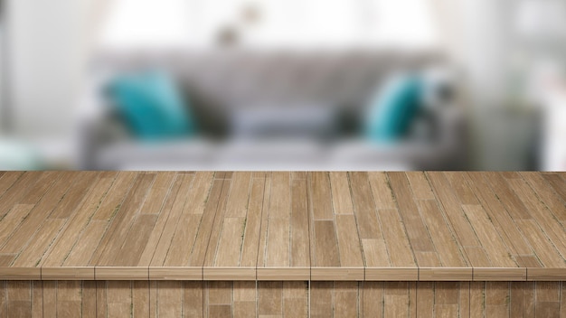 Mesa de madera realista Tablero de madera Vista frontal superior 3D Render con un fondo borroso