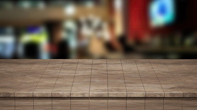 Mesa de madera realista Tablero de madera Vista frontal superior 3D Render con un fondo borroso
