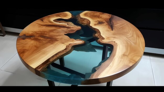 Mesa de madera redonda hecha a mano con resina epoxi IA generativa