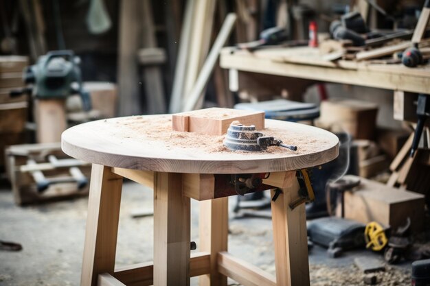 Mesa de madera redonda pequeña e incompleta en el banco de trabajo