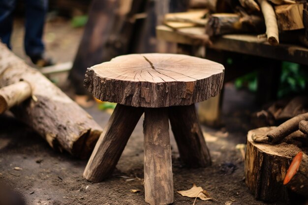 Foto mesa de madera redonda pequeña e incompleta en el banco de trabajo