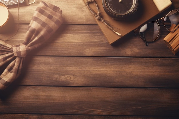 Una mesa de madera con un reloj, gafas, un sombrero y un par de gafas.