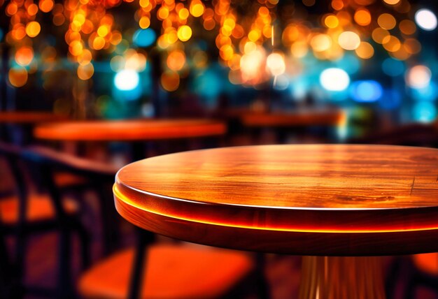 Mesa de madera en el restaurante de fondo borroso