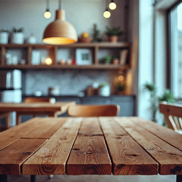 Mesa de madera rústica en un acogedor café