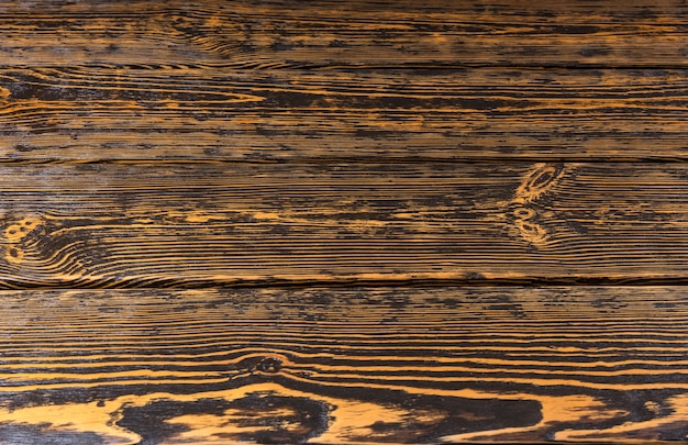 Mesa de madera rústica antigua o textura de fondo del piso con tablones paralelos con un marcado patrón de vetas de madera en una madera oscura