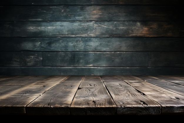 Foto mesa de madera rústica contra un fondo de madera oscura