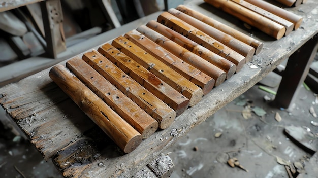 Una mesa de madera rústica cubierta de aserradura con varios objetos de madera que parecen ser partes de una flauta u otro instrumento de viento de madera