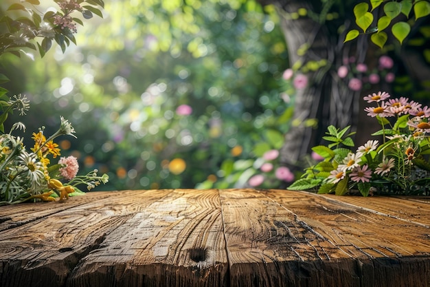 Mesa de madera rústica con flores de primavera florecientes y fondo de la naturaleza paisaje sereno para