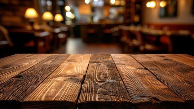 Mesa de madera rústica con un fondo borroso de un restaurante