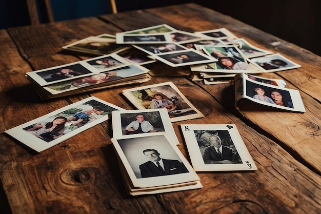 Foto una mesa de madera rústica con fotos familiares esparcidas