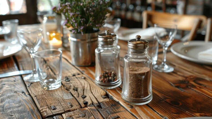 Mesa de madera rústica con frascos de especias, velas y vasos de vidrio para una experiencia de comedor acogedora