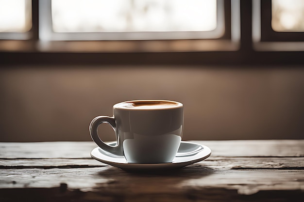 Una mesa de madera rústica y una humeante taza de café