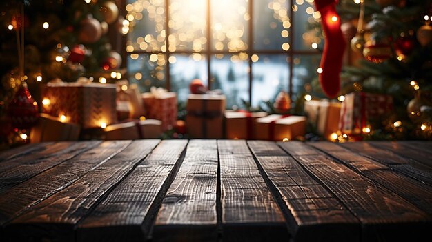 Mesa de madera rústica con luces y decoraciones navideñas borrosas en el fondo