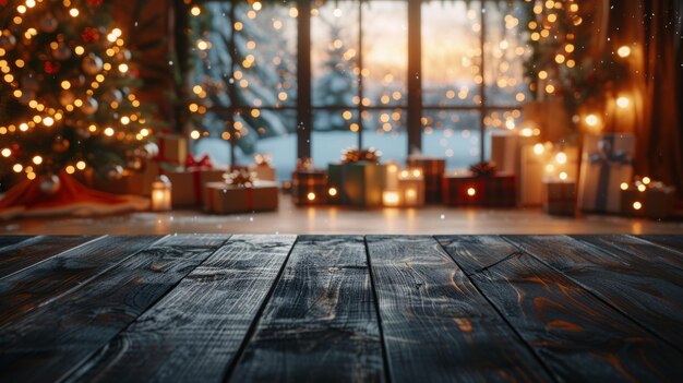 Mesa de madera rústica con luces y decoraciones navideñas en el fondo