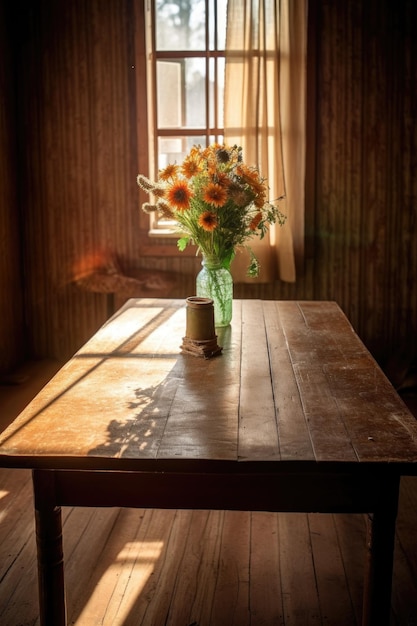 Mesa de madera rústica con la luz del sol fluyendo a través