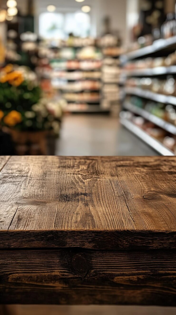 Mesa de madera rústica en el pasillo del mercado vibrante