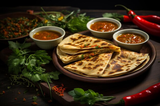 Una mesa de madera rústica con platos de quesadillas y cuencos de guacamole