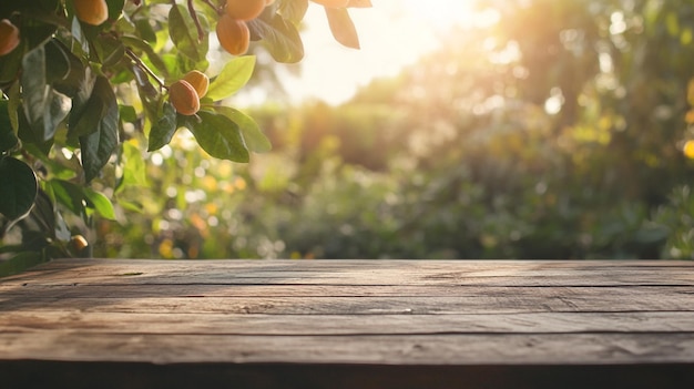 Mesa de madera rústica y ramas de árboles frescas de primavera para la exhibición de productos