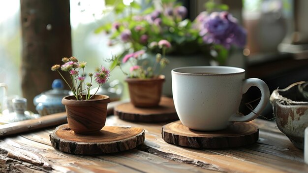 Mesa de madera rústica con una taza de café y pequeñas flores en un ambiente acogedor iluminado por el sol