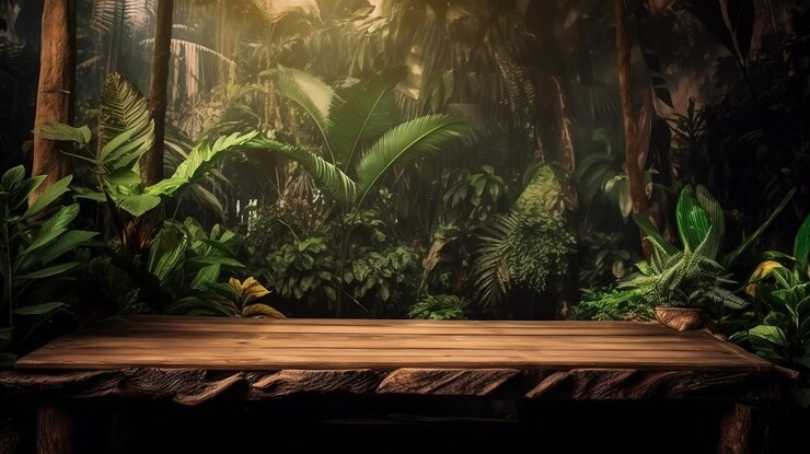 Mesa de madera rústica con el telón de fondo de palmeras de plantas tropicales Ai generativo