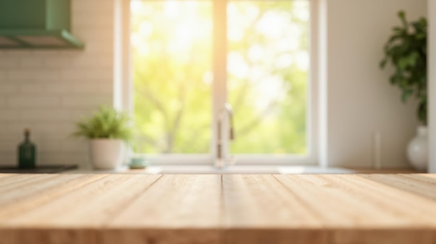 Mesa de madera rústica vacía en la cocina con la luz del sol suave que brilla a través de amplias ventanas la decoración de la cocina brillante crea un espacio fresco y acogedor perfecto para presentar alimentos productos de cocina