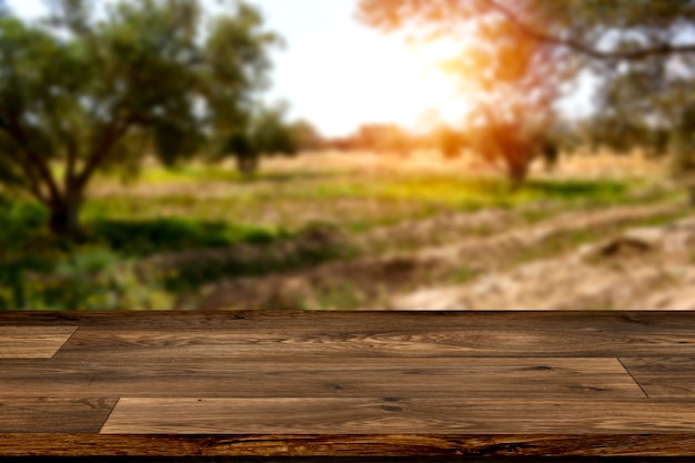 mesa de madera rústica vacía para la exhibición de modelos de productos cerca de campos de olivos mediterráneos listos para la cosecha